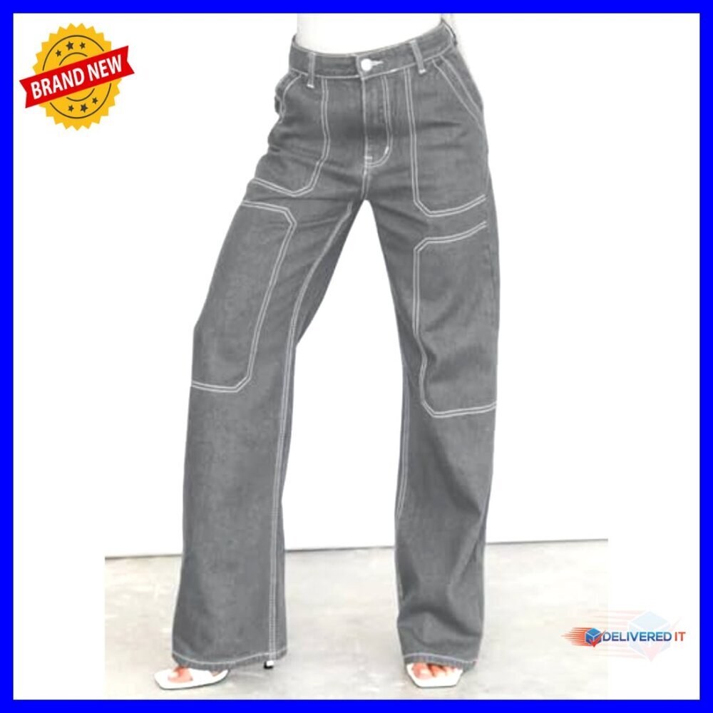 Mid Waist Cargo Jeans Stretch Button Wide Leg Denim Pants Casual Y2K - Picture 3 of 5